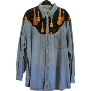 VTG 90's Upcycled Cactus Clothing Denim Shirt Guitars Rockabilly Honky Tonk